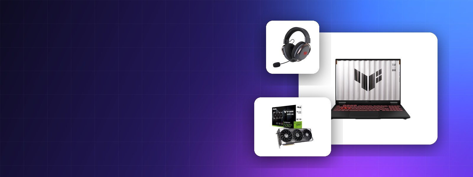 Gaming laptop, graphics card and headset on a Tekari gradient